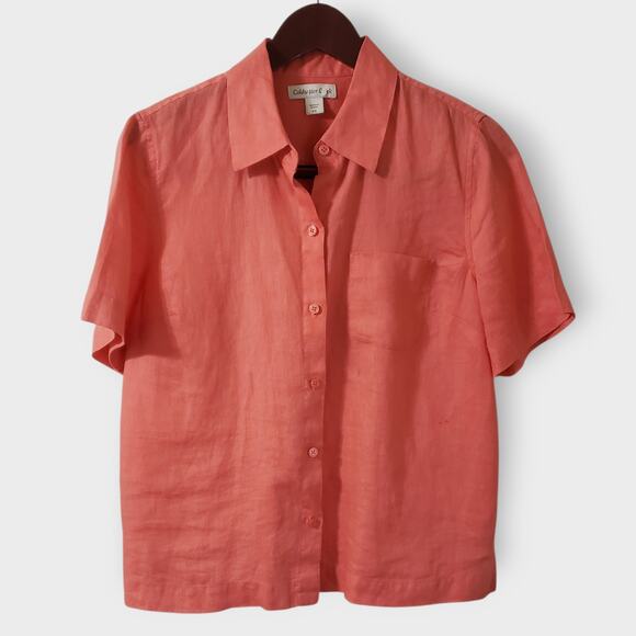 Coldwater Creek Linen Boxy Button Up Camp Shirt Coral Size Small Petite Casual - Picture 1 of 13